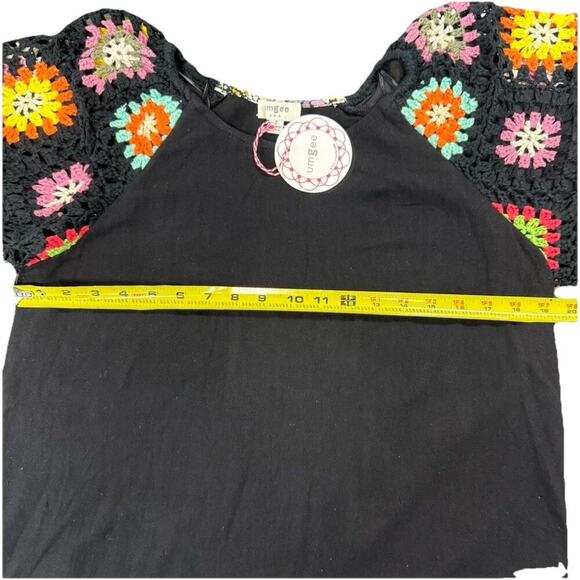 NWT Umgee Blouse Womens S Flower Print Crochet Puff Sleeve Dopamine Boho Top - Picture 7 of 10